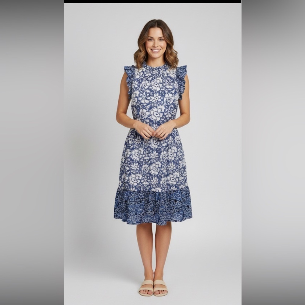 J.Crew Blue Floral Ruffle Sleeve tiered mini dress size 0